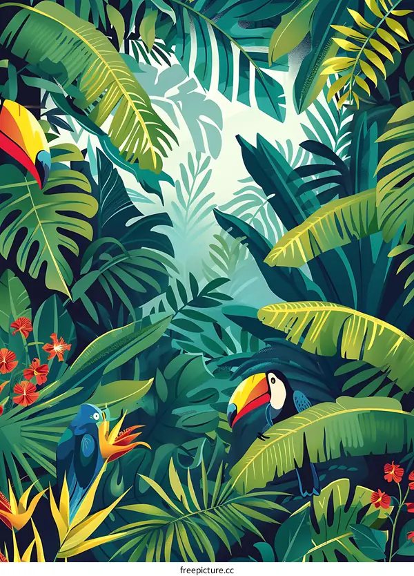 Tropical Rainforest Jungle Illustration With Toucans and Exotic Plants