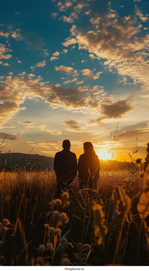 couple watching the sunset in a field of tall grass