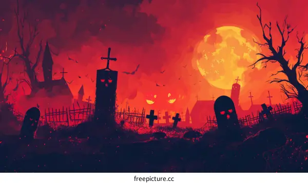 Spooky Graveyard at Night with Tombstones and a Full Moon
