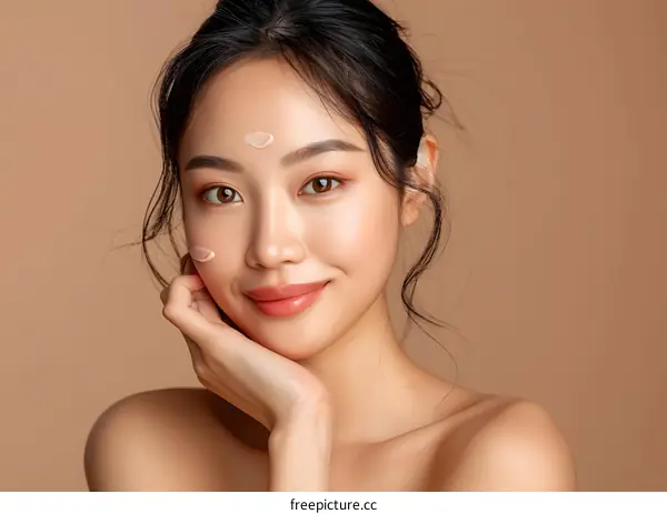 Asian Woman Applying Face Cream with Beautiful Skin