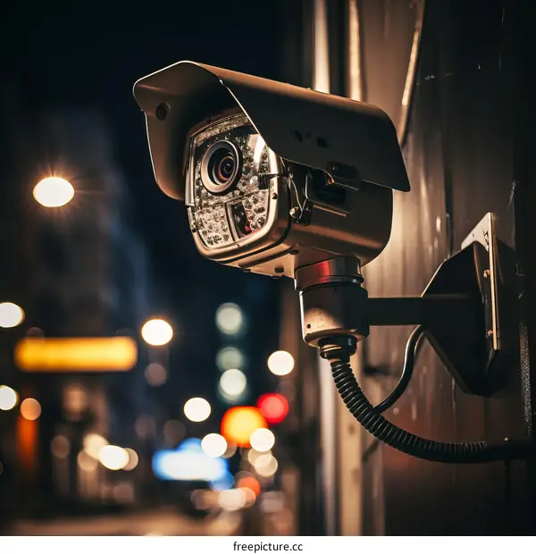 A surveillance camera is mounted on a wall overlooking a city street.