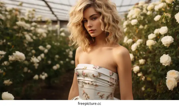 Portrait of a young blonde woman in a white dress with roses in the background