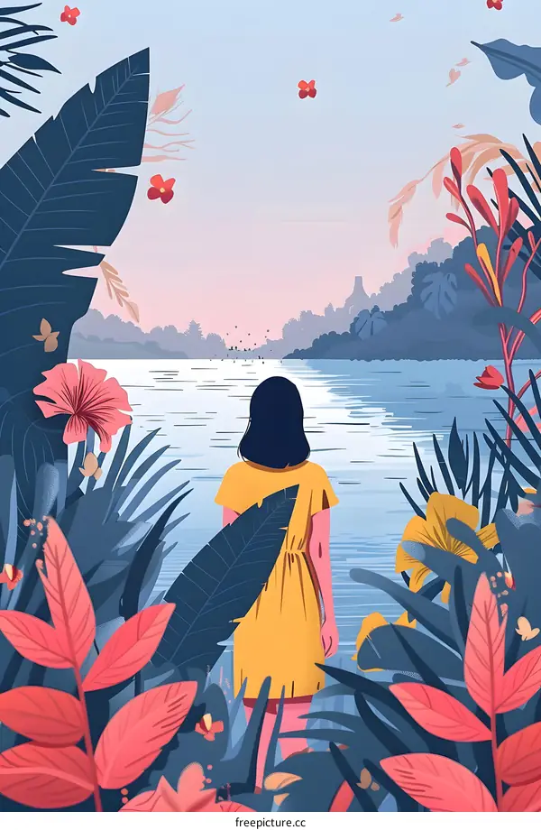 Woman in Yellow Dress Looking at Lake in Tropical Landscape