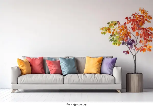 Modern Living Room with White Sofa and Colorful Tree