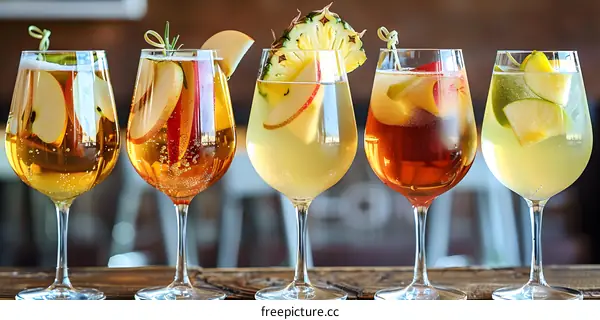 Five Glasses of Colorful Cocktails With Fruit Garnishes