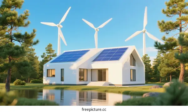 Eco friendly modern house with solar panels and wind turbines