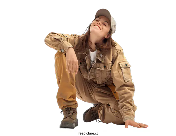 [Transparent Background PNG]Woman in Workwear Crouching