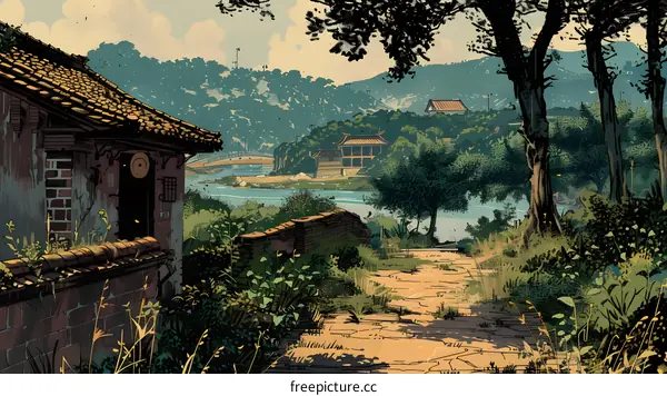 Artistic Illustration of a Chinese Village with a River