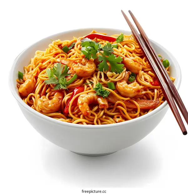 delicious stir fried noodles with vegetables and shrimp
