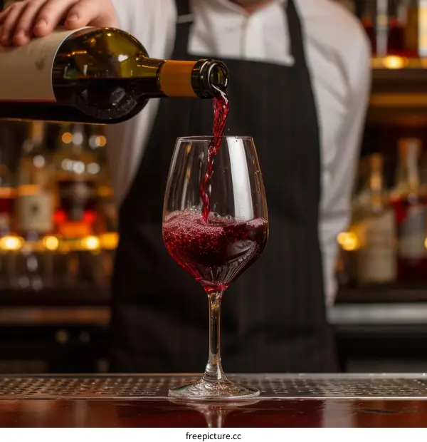 bartender pouring red wine into glass