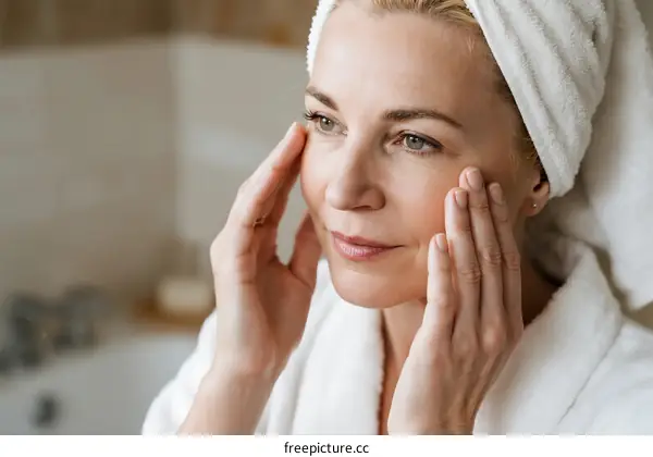 Mature woman applying skincare product on face in bathroom