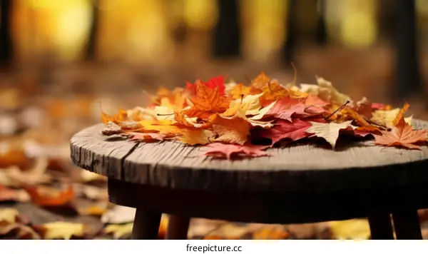 Colorful autumn leaves on a wooden table