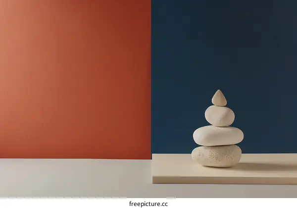 Minimalist Stacked Stones On A Table With A Blue And Orange Background