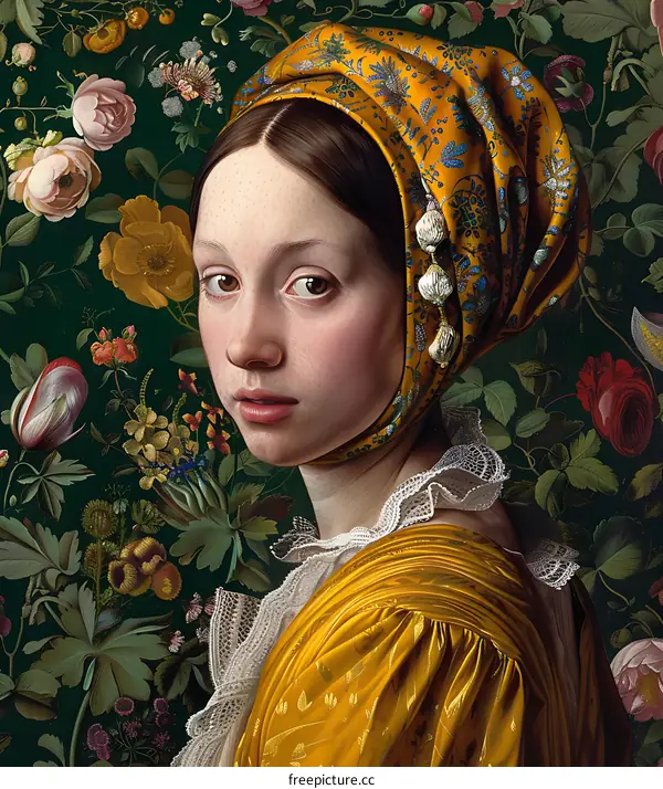 Portrait of a Woman in a Yellow Dress Surrounded by Flowers