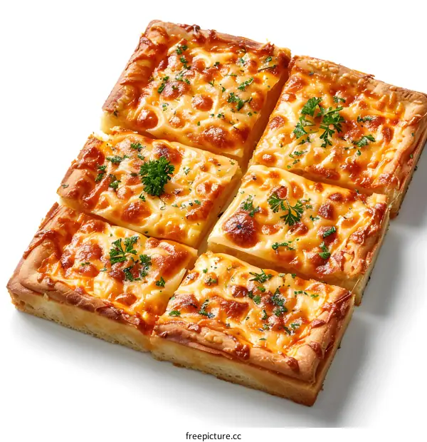 Square cheesy pizza cut into pieces on white background