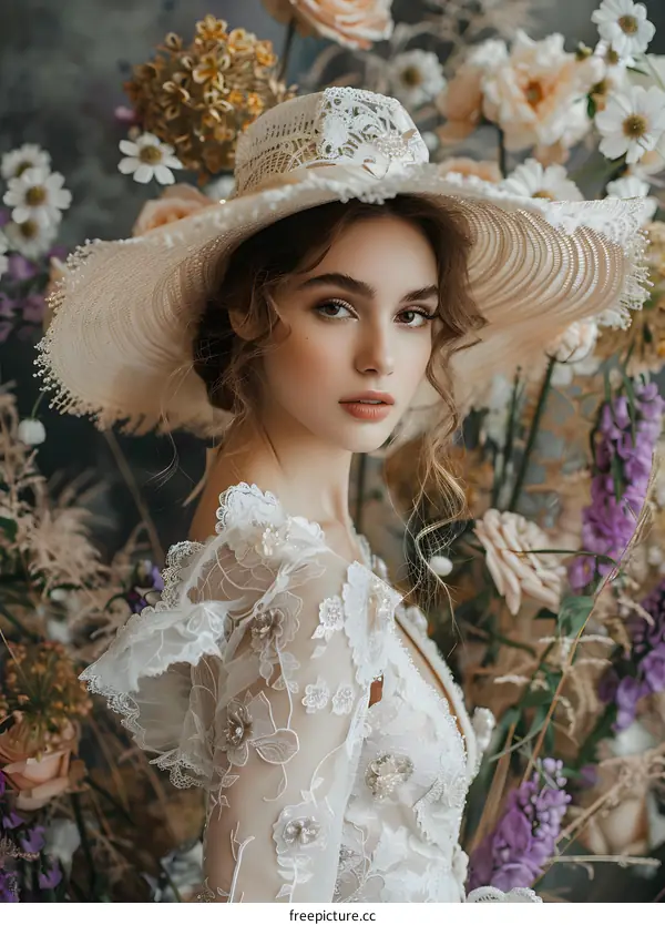 portrait of a beautiful russian model in a lace wedding dress and a big straw hat among flowers