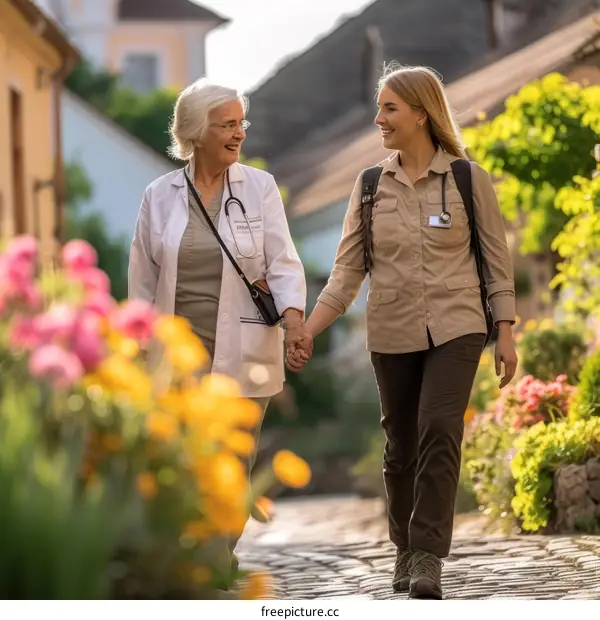 Smiling senior female doctor walking hand-in-hand with a young female colleague through a sunlit flower garden