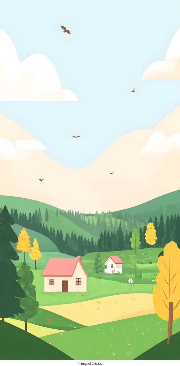 Green Hills with Houses and Birds in the Sky Illustration