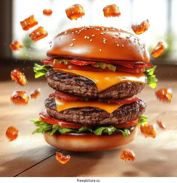 Delicious Double Cheeseburger in Mid-Air