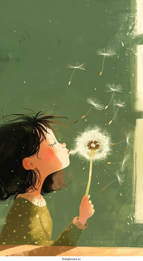 Little girl blowing dandelion seeds