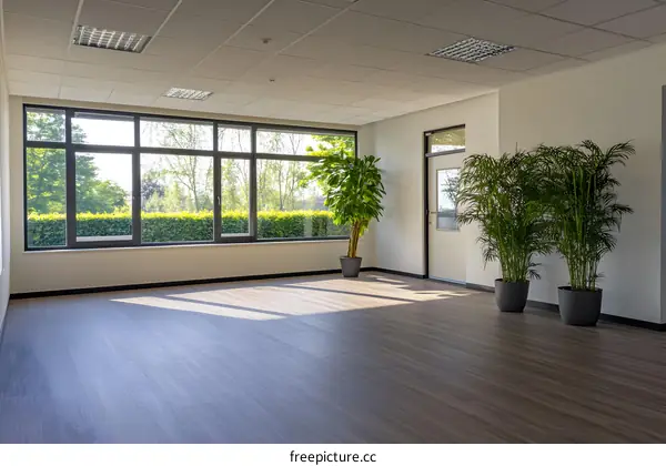 Empty Room with Large Windows and Plants in Pots