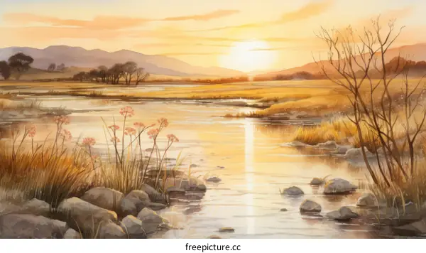 Golden Hour Sunset over Tranquil River in Countryside