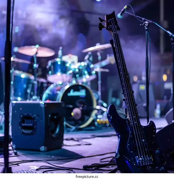 Bass Guitar on Stage with Drum Set in Background