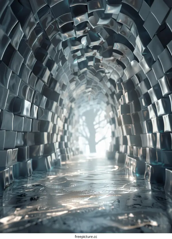 Futuristic sci-fi tunnel with glowing tree at the end