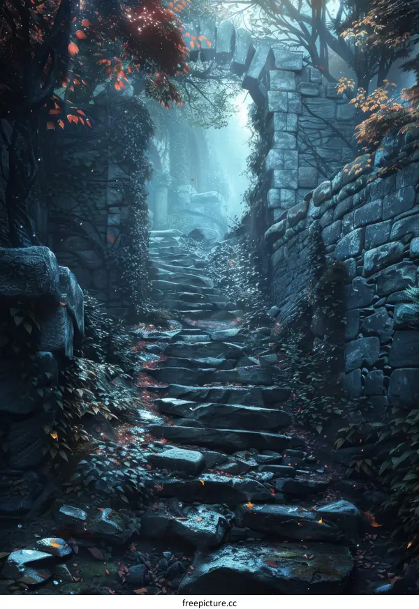 Stone Path Winding Through Ethereal Enchanted Forest