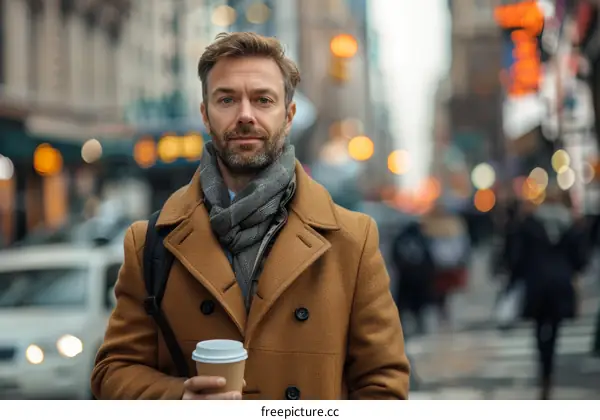 A man in a brown coat is holding a coffee cup and looking at the camera.
