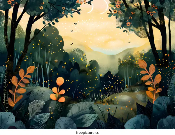 Forest Landscape with Golden Lights