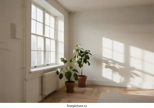 Bright and airy room with large windows and potted plants