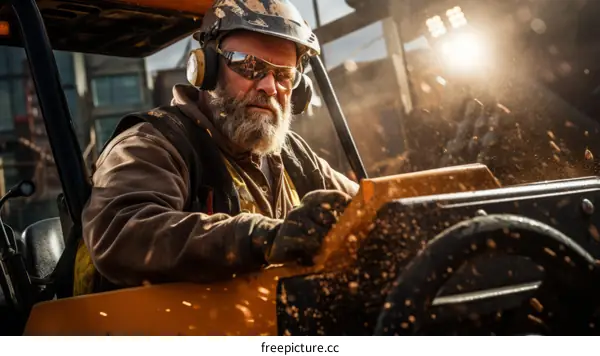 A Bearded Man Wearing a Hard Hat and Safety Glasses Operates Heavy Machinery