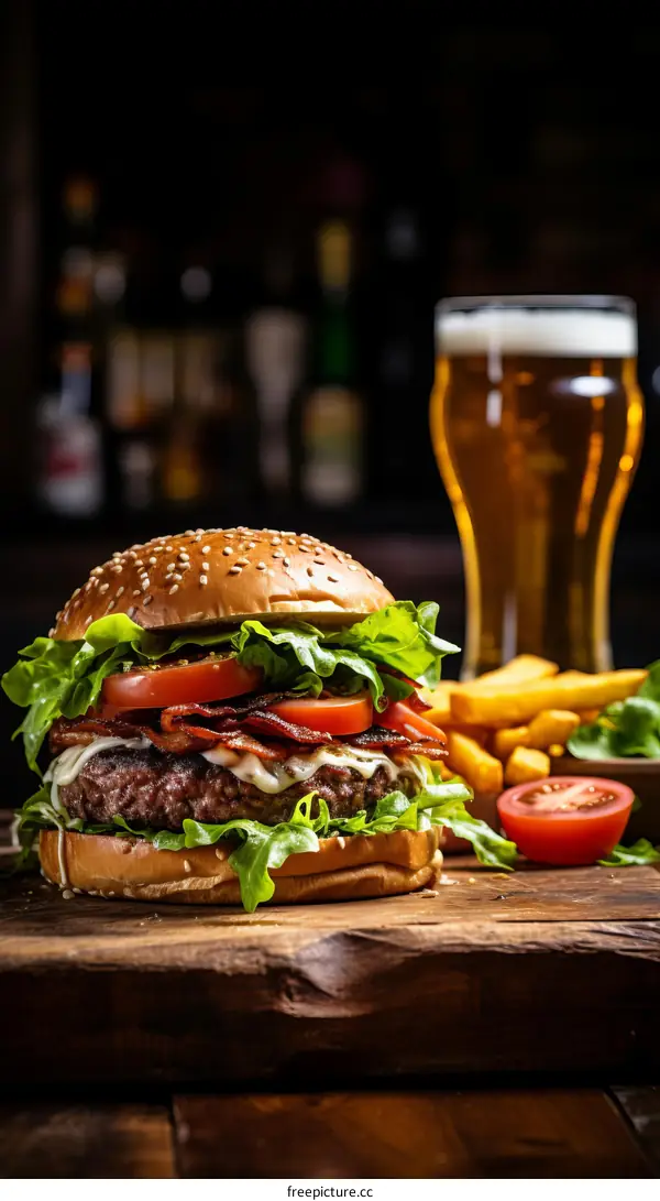 Mouthwatering Cheeseburger with Fries and Beer