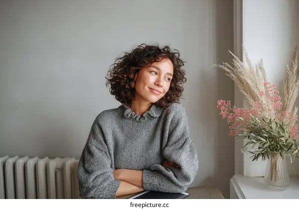 Thoughtful Woman in a Cozy Gray Sweater