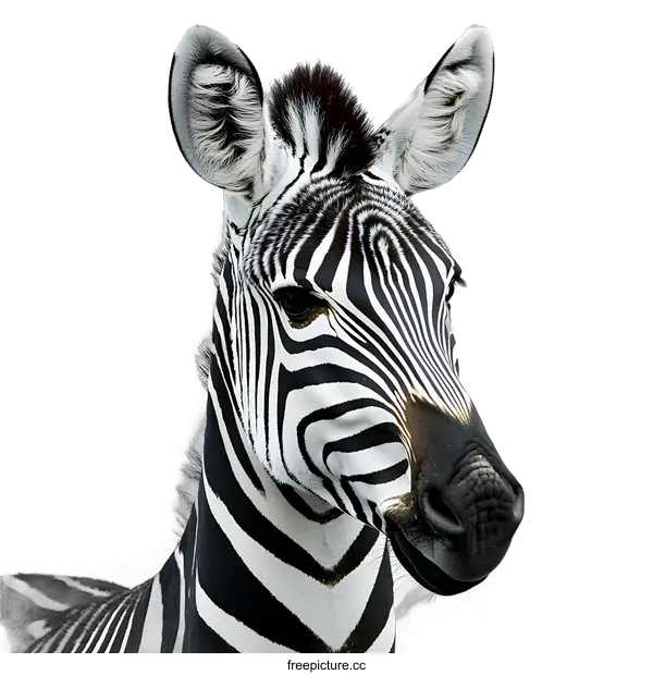 [Transparent Background PNG]Closeup of a Zebra Head with Black and White Stripes Against a White Background
