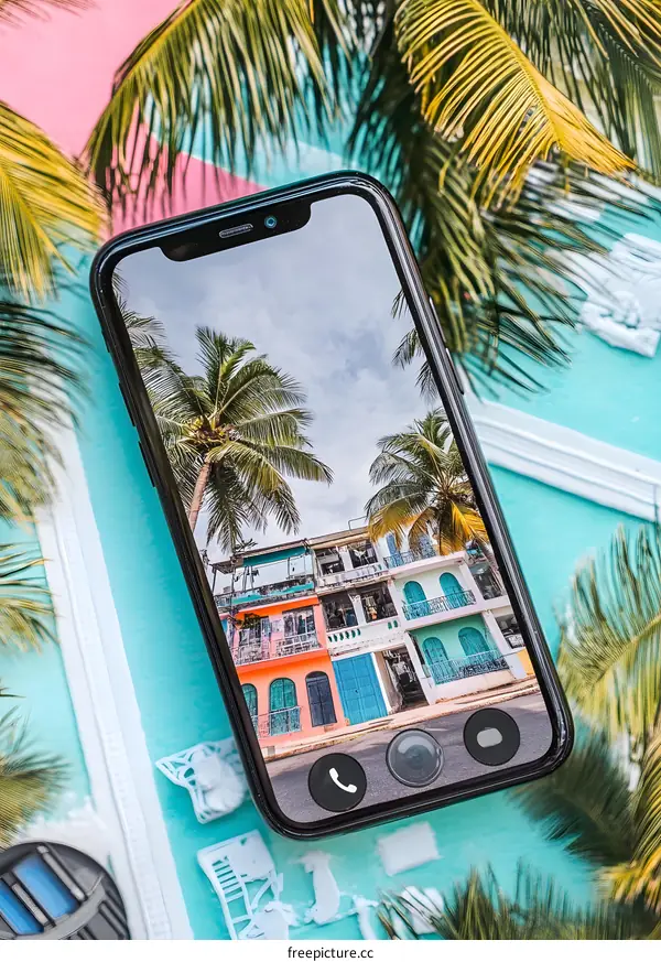 Black Smartphone Displaying Tropical Palm Trees And Colorful Buildings