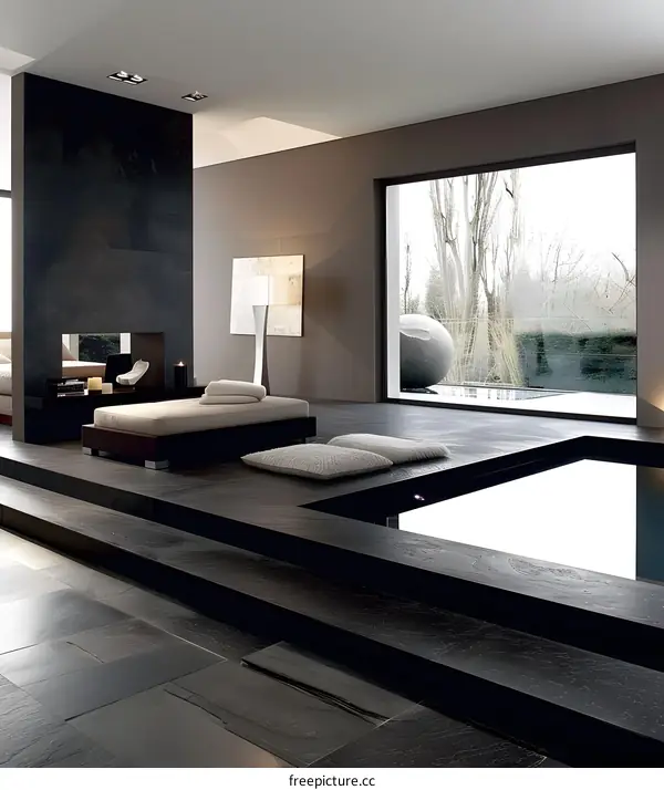 Modern Interior Design With Black Tiles and a Window View