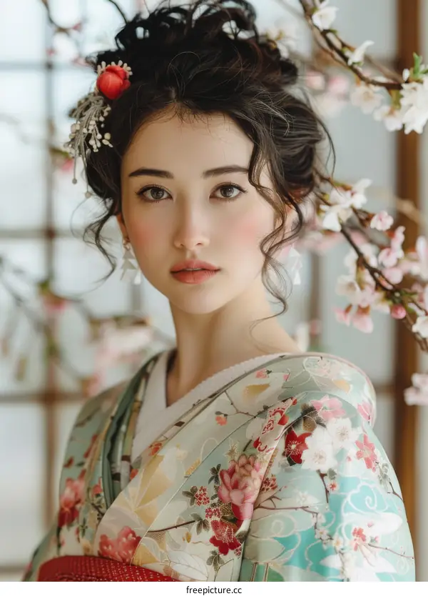 Portrait of a beautiful Asian woman in traditional Japanese kimono with pink flowers in her hair
