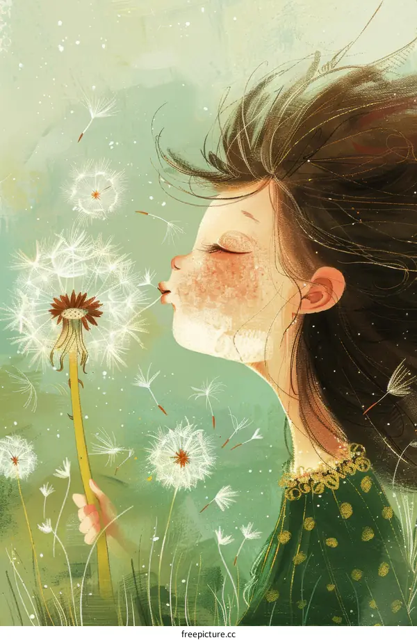 Little girl blowing dandelion seeds in a field
