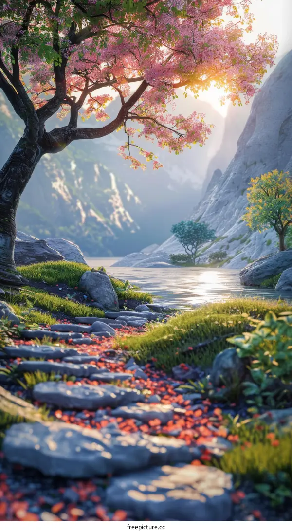 Cherry Blossoms and River Stones