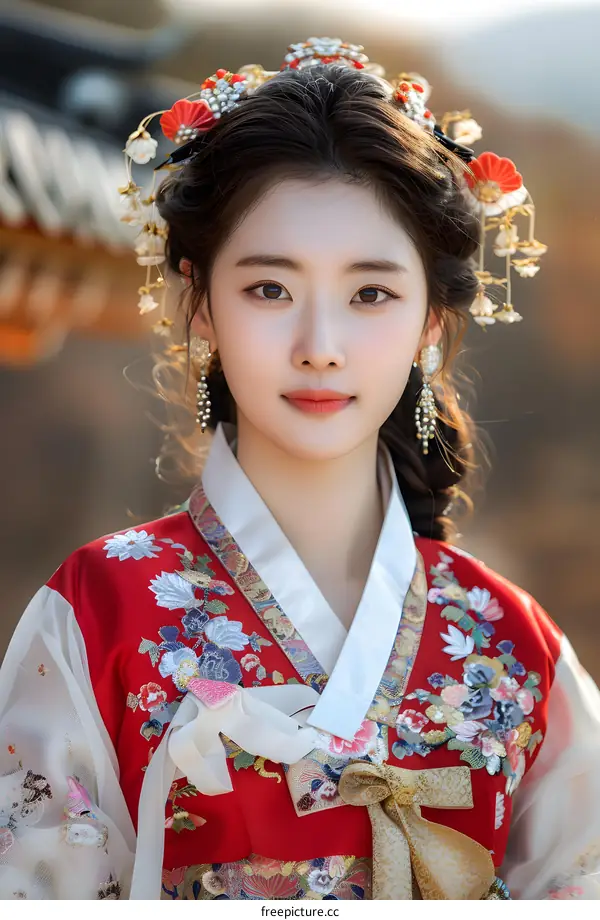 Korean Woman in Traditional Hanbok Dress with Floral Headpiece