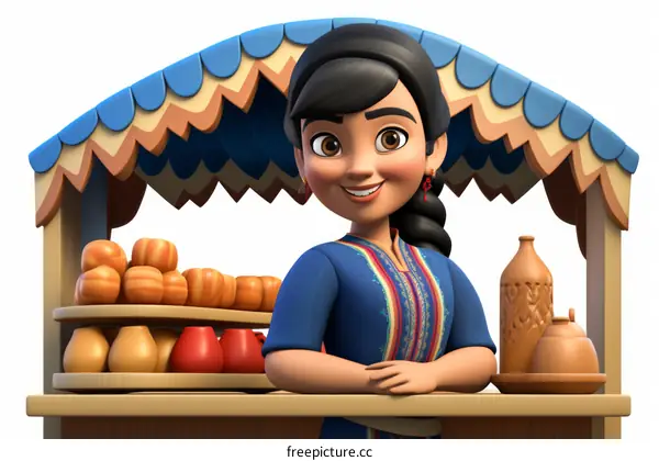 A woman in a blue dress stands at a market stall selling various goods