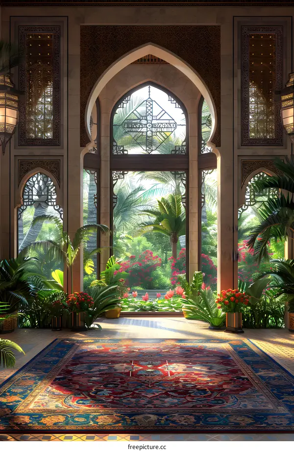 The view of tropical plants and flowers in the courtyard through the arch
