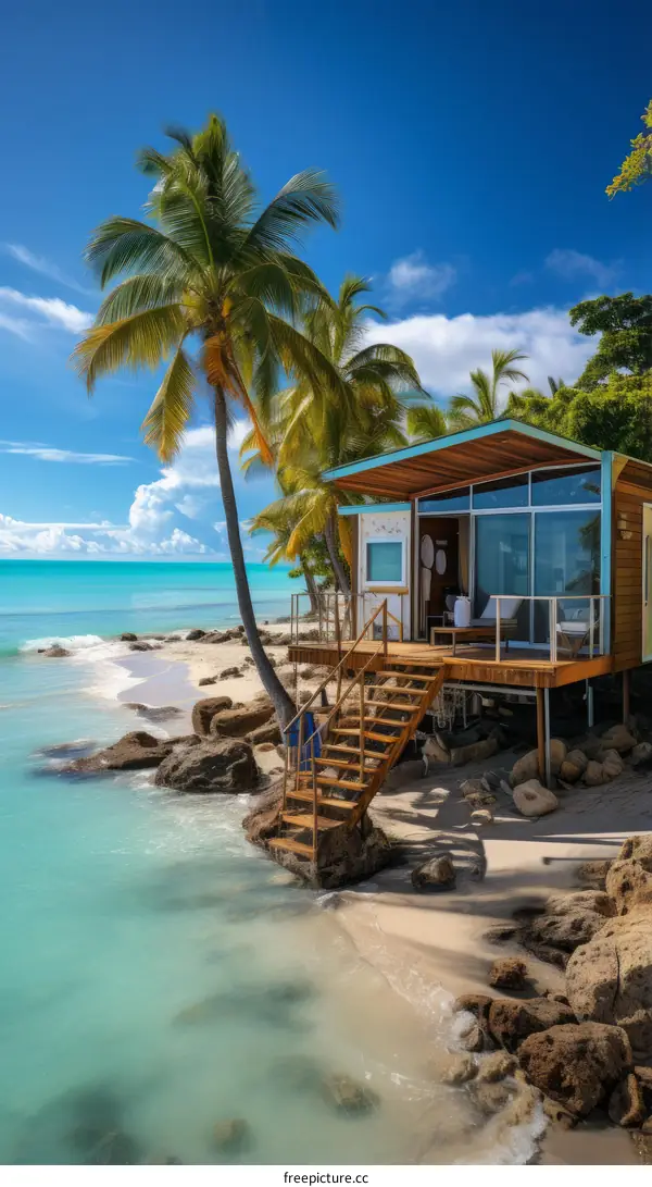 Beach house on a tropical island with palm trees and white sand