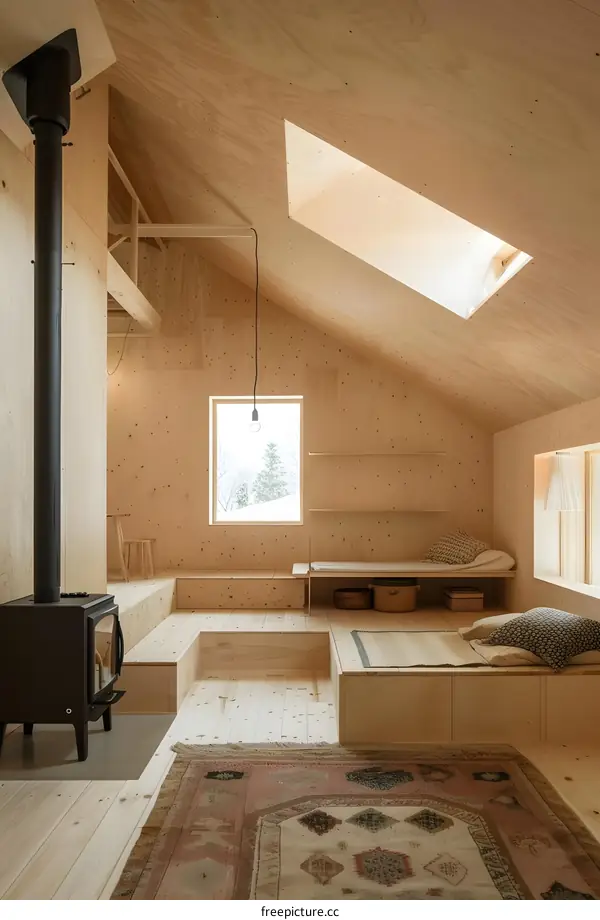 Modern Wooden Cabin Interior Design With Rustic Floor