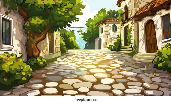 Cobblestone Street in a European Village