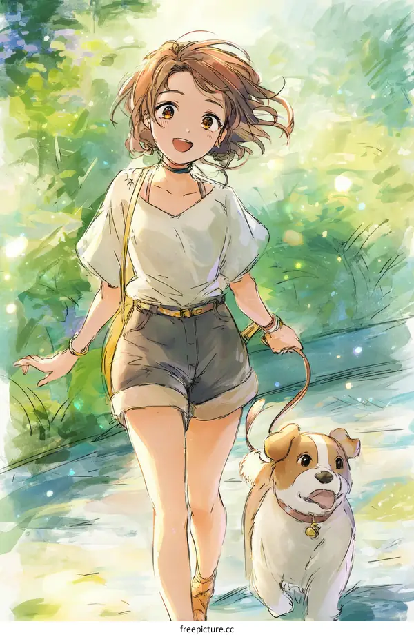 A Smiling Girl Walking a Dog in a Park