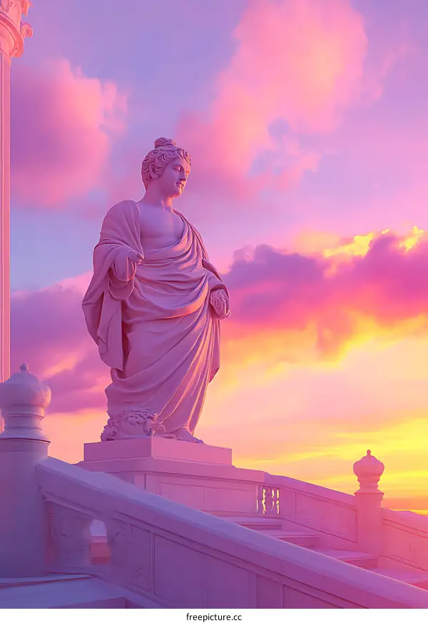 Classical Statue at Sunset with Dramatic Sky