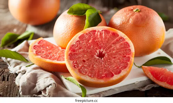 Fresh Ripe Grapefruit Slices on White Cutting Board